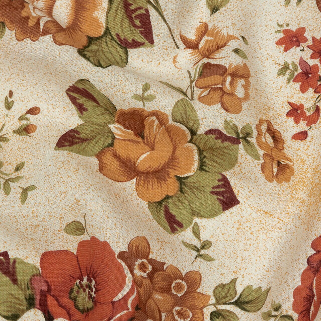 1 Yard Cream, Cinnamon, and Green Floral Medium Weight Linen Woven Fabric